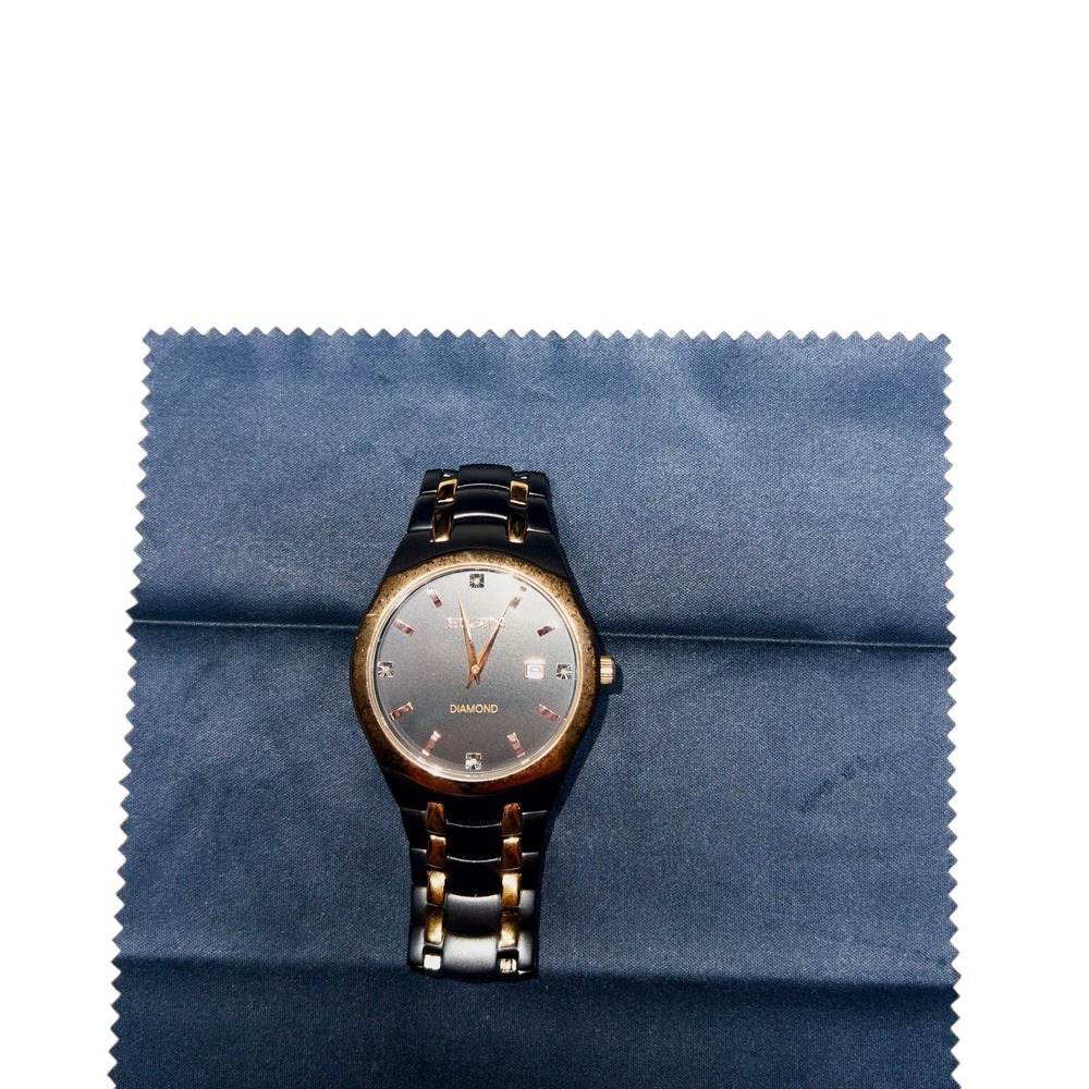 Elgin Mens Black And Rose Gold‎ With Diamond Two Tone Watch 43mm Vintage
